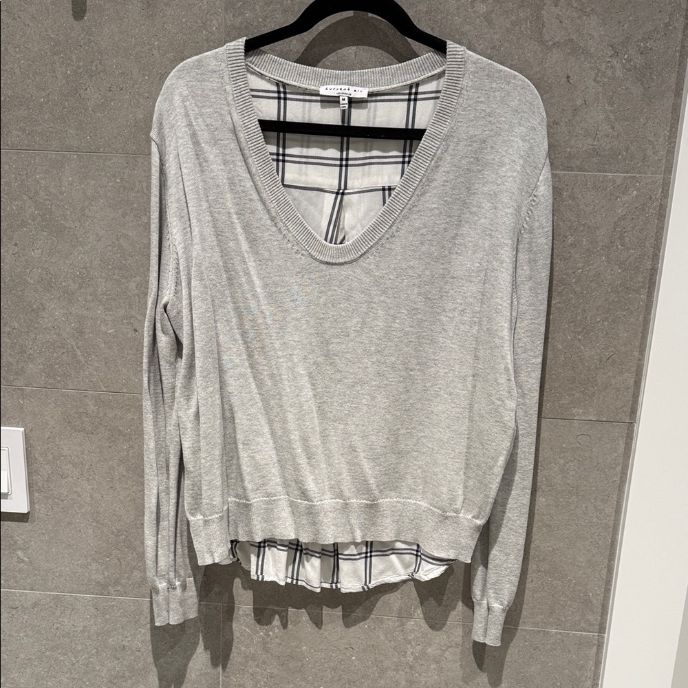 Current Air Gray V-Neck Sweatshirt with Plaid Detail